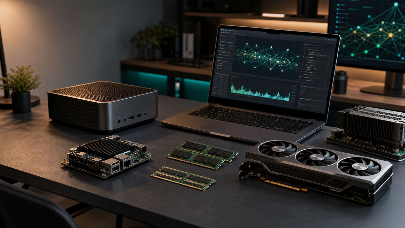A local AI workstation with a laptop, compact desktop AI box, workstation GPU, and AI PC board