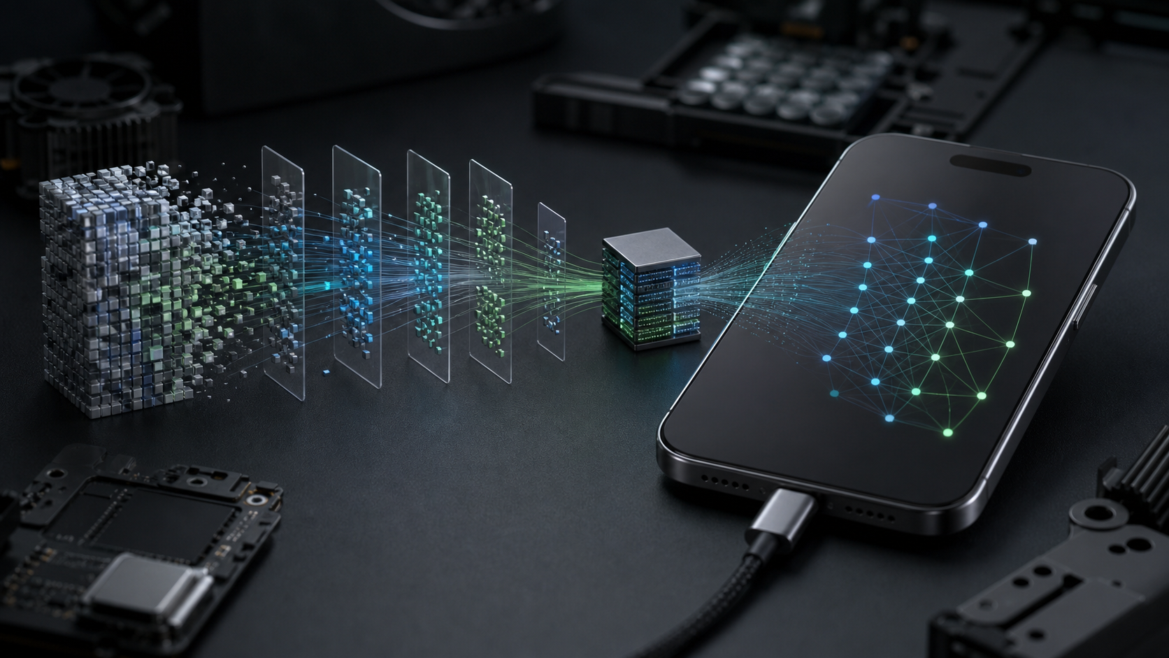 A smartphone running an abstract compressed local AI model with memory blocks and neural network layers